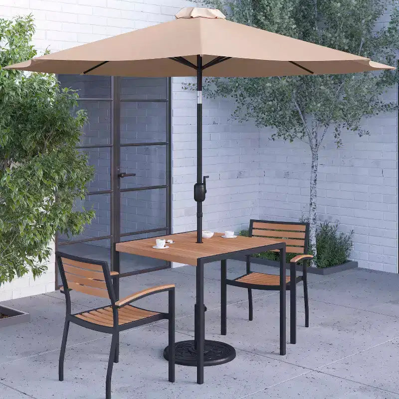 Merrick Lane Five Piece Faux Teak Patio Dining Set Includes Table, Two Club Chairs, 9' Patio Umbrella and Base