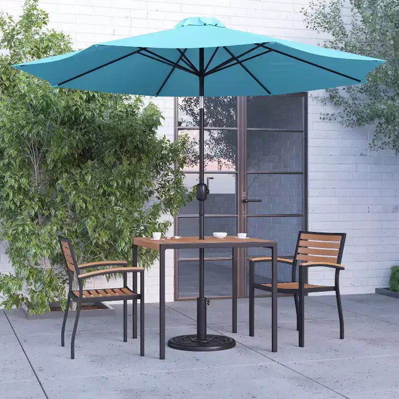 Merrick Lane Five Piece Faux Teak Patio Dining Set Includes Table, Two Club Chairs, 9' Patio Umbrella and Base