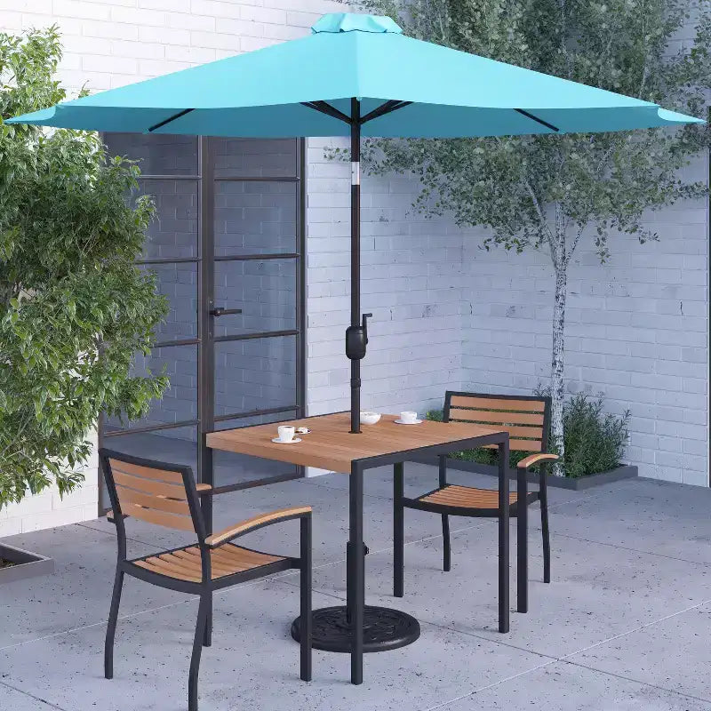 Merrick Lane Five Piece Faux Teak Patio Dining Set Includes Table, Two Club Chairs, 9' Patio Umbrella and Base