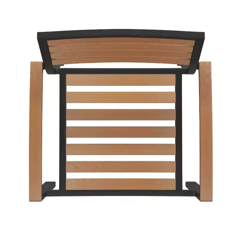 Merrick Lane Five Piece Faux Teak Patio Dining Set Includes Table, Two Club Chairs, 9' Patio Umbrella and Base