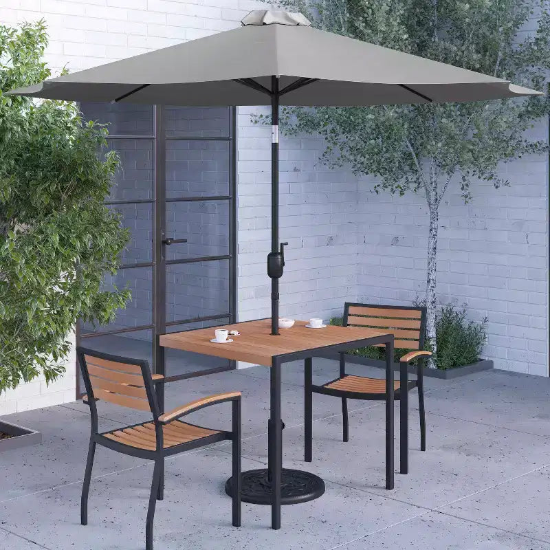 Merrick Lane Five Piece Faux Teak Patio Dining Set Includes Table, Two Club Chairs, 9' Patio Umbrella and Base