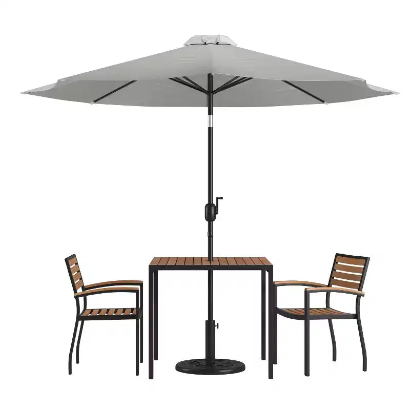 Merrick Lane Five Piece Faux Teak Patio Dining Set Includes Table, Two Club Chairs, 9' Patio Umbrella and Base