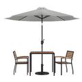 Merrick Lane Five Piece Faux Teak Patio Dining Set Includes Table, Two Club Chairs, 9' Patio Umbrella and Base