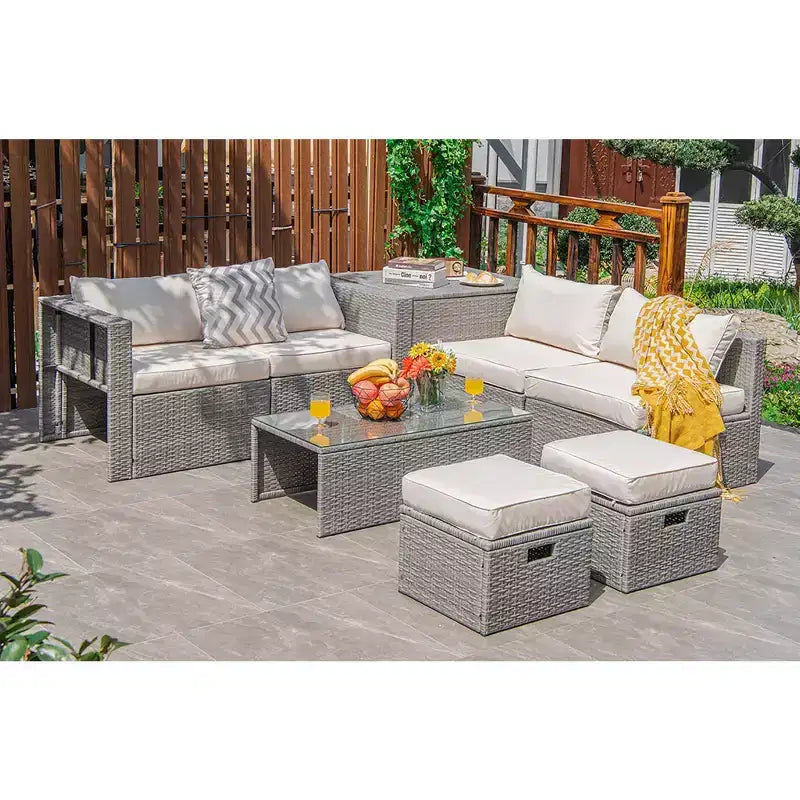Costway Juego de Muebles de Patio de Ratán de 8 Piezas con Cojín y Cubierta Impermeable de Almacenamiento