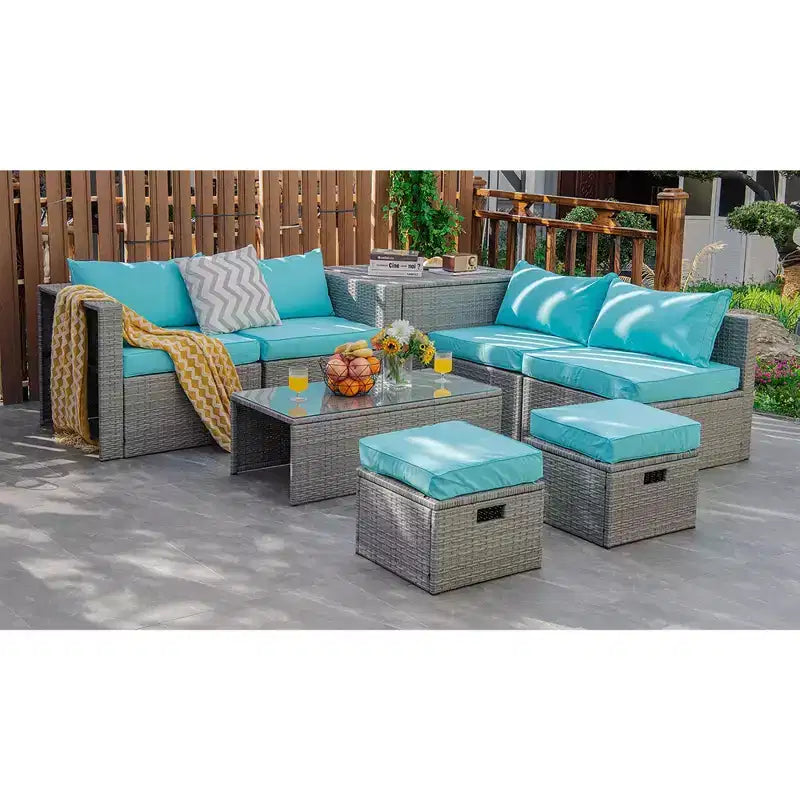 Costway Juego de Muebles de Patio de Ratán de 8 Piezas con Cojín y Cubierta Impermeable de Almacenamiento