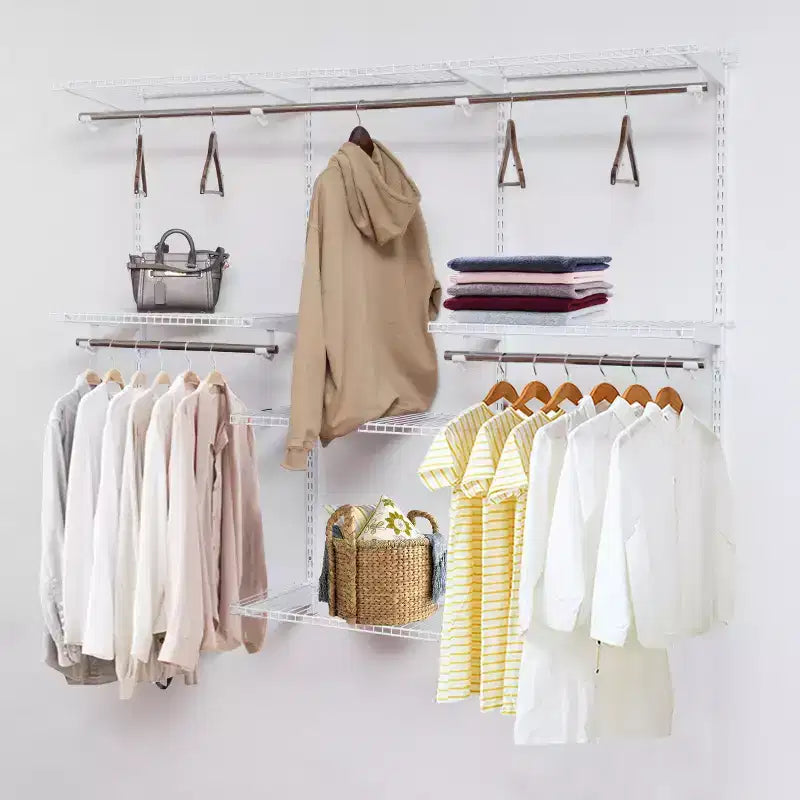 Organizador de clóset ajustable para montar en la pared, sistema de clóset metálico personalizado con estantes y barras para colgar