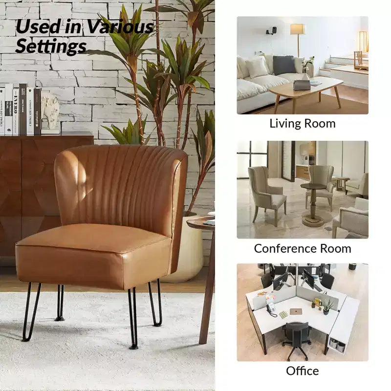 Sillón auxiliar contemporáneo de cuero vegano capitoné con patas de metal en forma de U