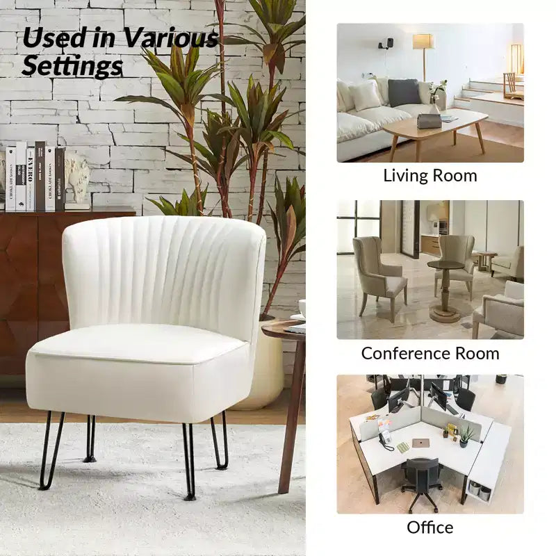 Sillón auxiliar contemporáneo de cuero vegano capitoné con patas de metal en forma de U