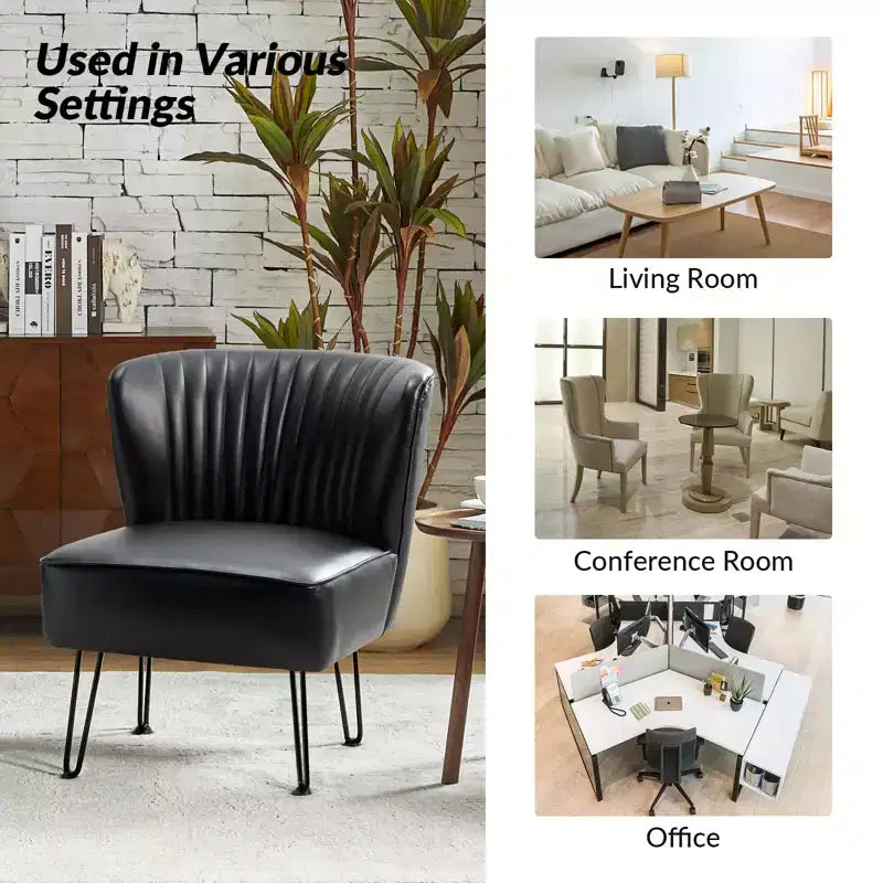 Sillón auxiliar contemporáneo de cuero vegano capitoné con patas de metal en forma de U