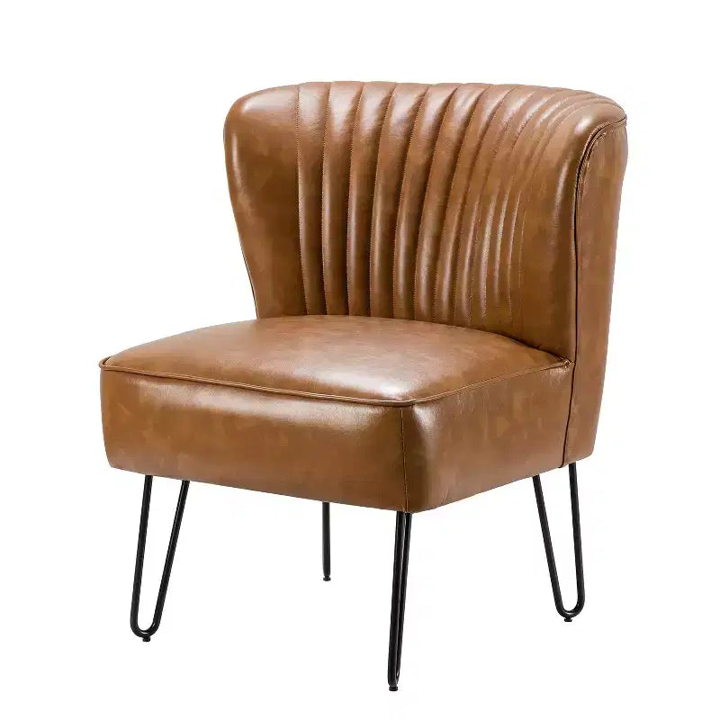 Sillón auxiliar contemporáneo de cuero vegano capitoné con patas de metal en forma de U