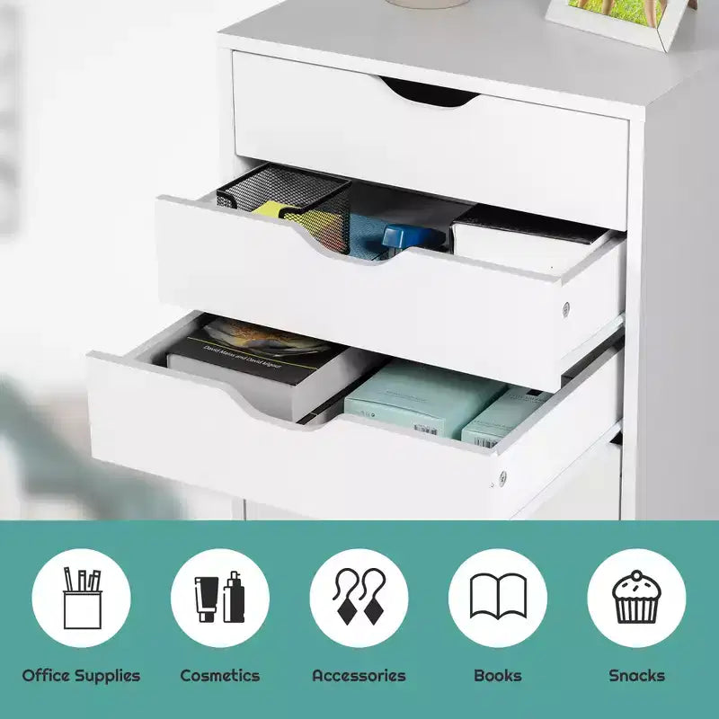 Cómoda de 5 Cajones con Ruedas, Organizador de Gabinete de Piso, Blanco