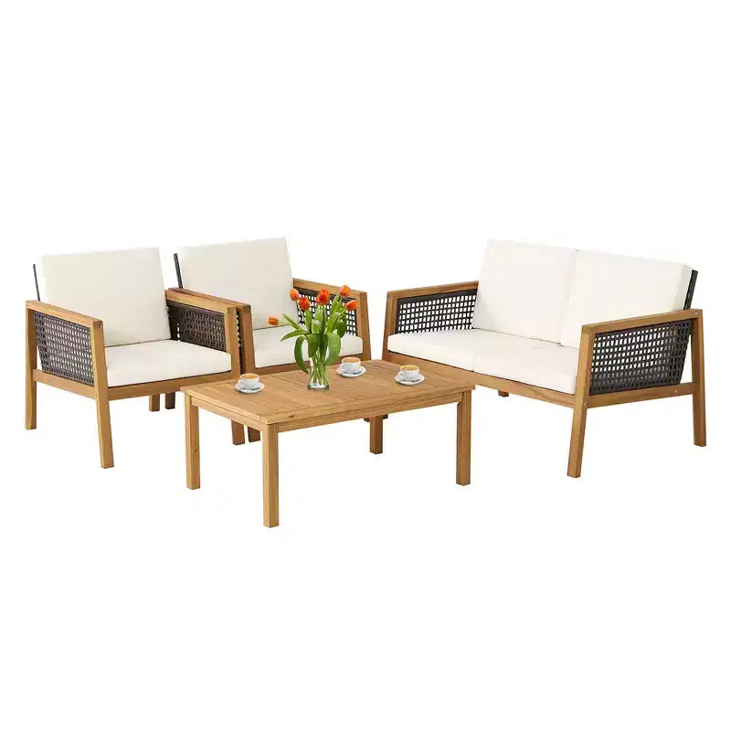 Costway Juego de Muebles de Jardín de Ratán de 4 Piezas Sofá Acolchado de Madera de Acacia Desmontable