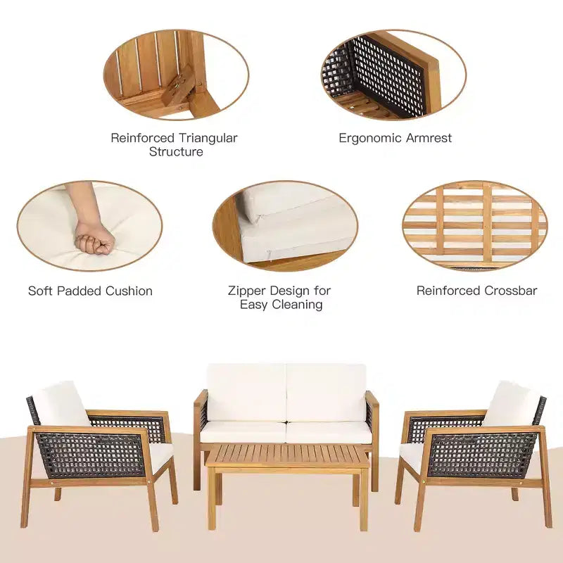 Costway Juego de Muebles de Jardín de Ratán de 4 Piezas Sofá Acolchado de Madera de Acacia Desmontable