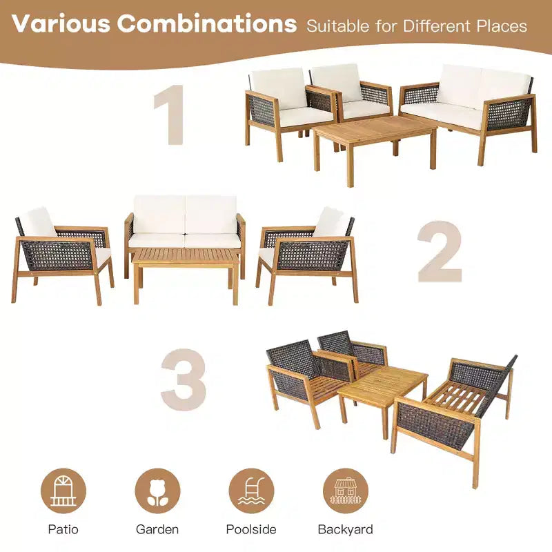 Costway Juego de Muebles de Jardín de Ratán de 4 Piezas Sofá Acolchado de Madera de Acacia Desmontable