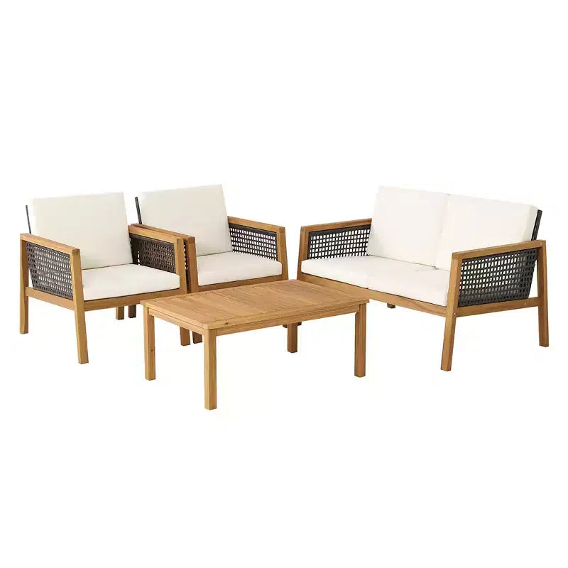 Costway Juego de Muebles de Jardín de Ratán de 4 Piezas Sofá Acolchado de Madera de Acacia Desmontable