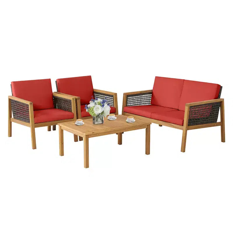 Costway Juego de Muebles de Jardín de Ratán de 4 Piezas Sofá Acolchado de Madera de Acacia Desmontable