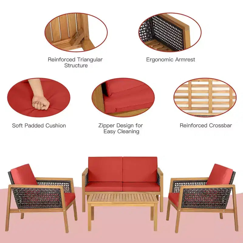 Costway Juego de Muebles de Jardín de Ratán de 4 Piezas Sofá Acolchado de Madera de Acacia Desmontable