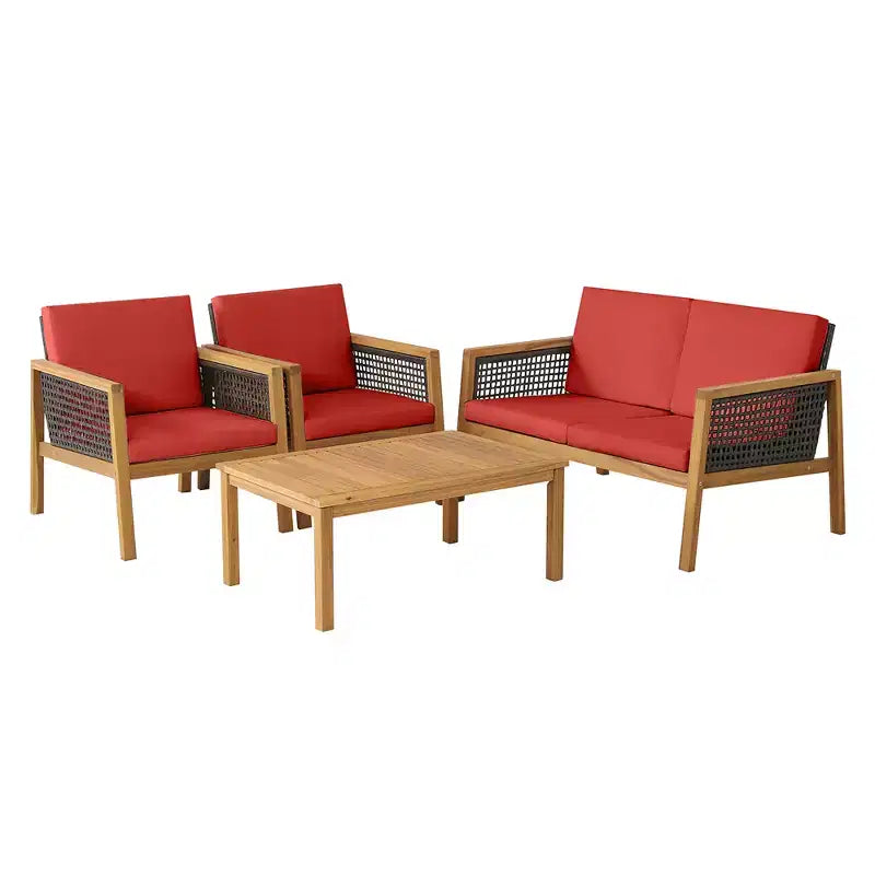 Costway Juego de Muebles de Jardín de Ratán de 4 Piezas Sofá Acolchado de Madera de Acacia Desmontable