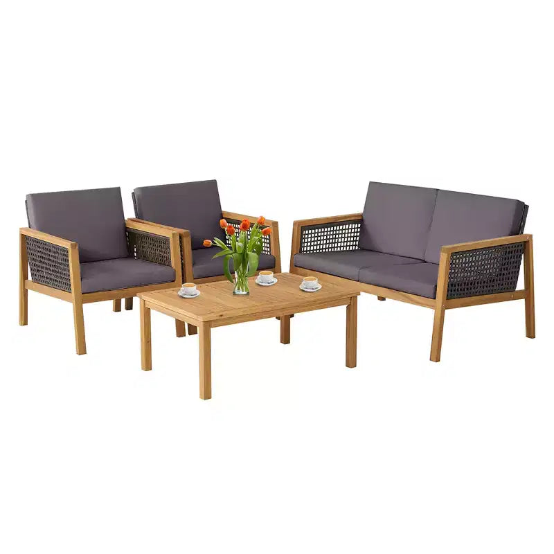Costway Juego de Muebles de Jardín de Ratán de 4 Piezas Sofá Acolchado de Madera de Acacia Desmontable