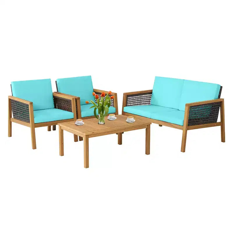 Costway Juego de Muebles de Jardín de Ratán de 4 Piezas Sofá Acolchado de Madera de Acacia Desmontable
