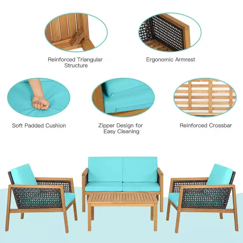 Costway Juego de Muebles de Jardín de Ratán de 4 Piezas Sofá Acolchado de Madera de Acacia Desmontable