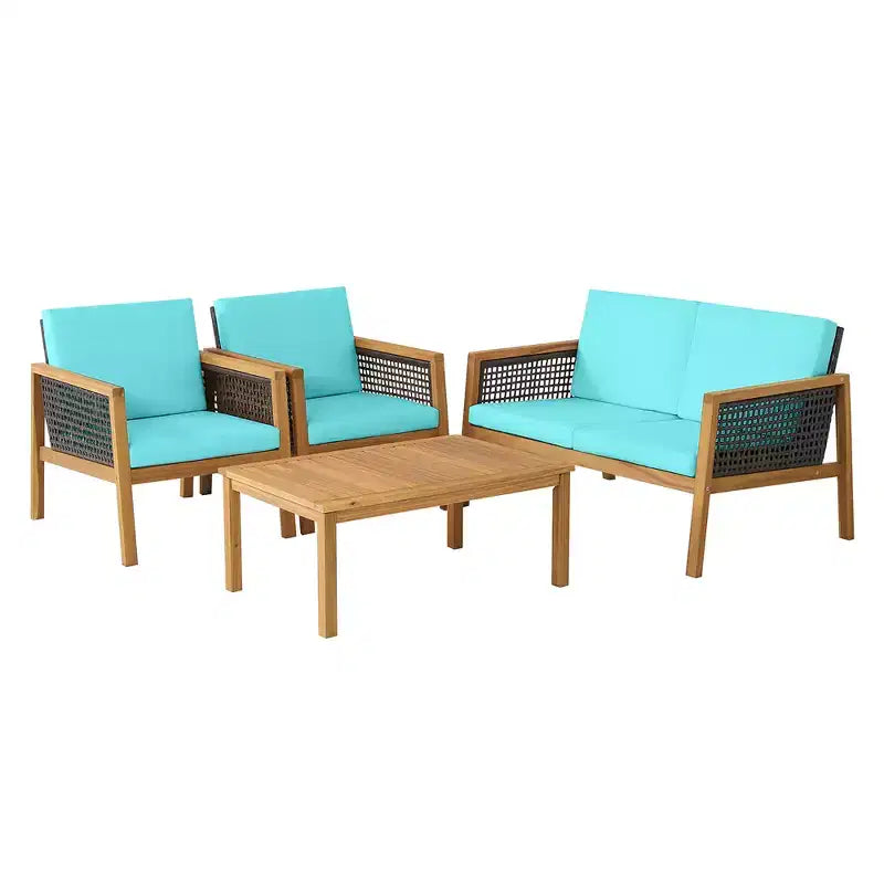 Costway Juego de Muebles de Jardín de Ratán de 4 Piezas Sofá Acolchado de Madera de Acacia Desmontable