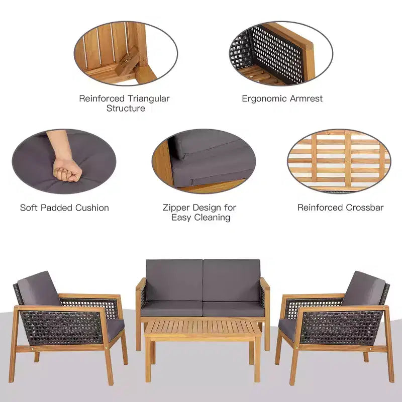 Costway Juego de Muebles de Jardín de Ratán de 4 Piezas Sofá Acolchado de Madera de Acacia Desmontable