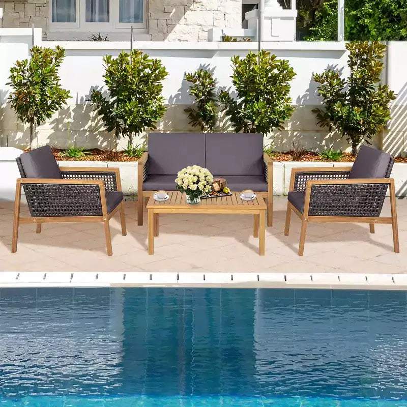 Costway 4PCS Patio Rattan Furniture Set Acacia Wood Cushioned Sofa Off