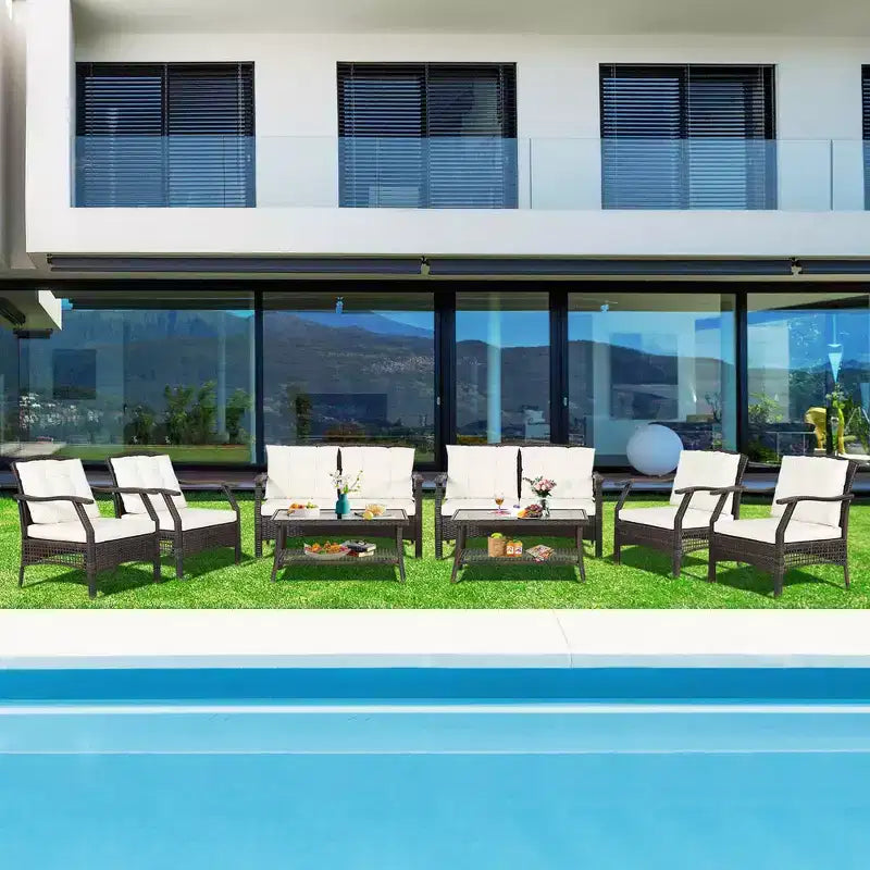 Costway 8 PCS Outdoor Rattan Conversation Set Patio Rattan Sofa Set W/ Protective Cover