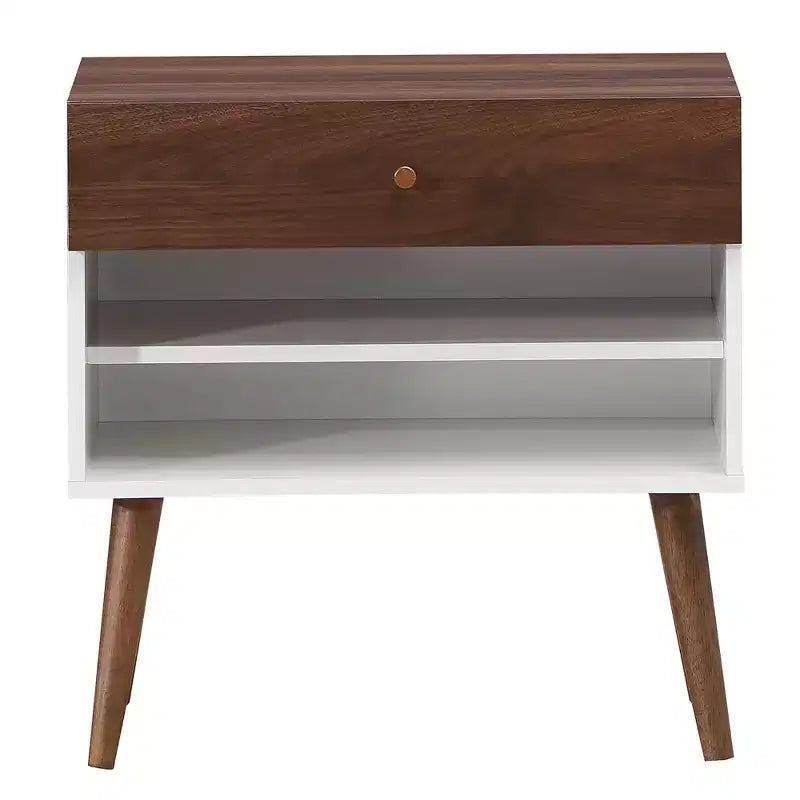 Juego de 2 mesitas de noche de estilo Mid-Century, mesas auxiliares con cajón y estantes abiertos, patas de madera de caucho
