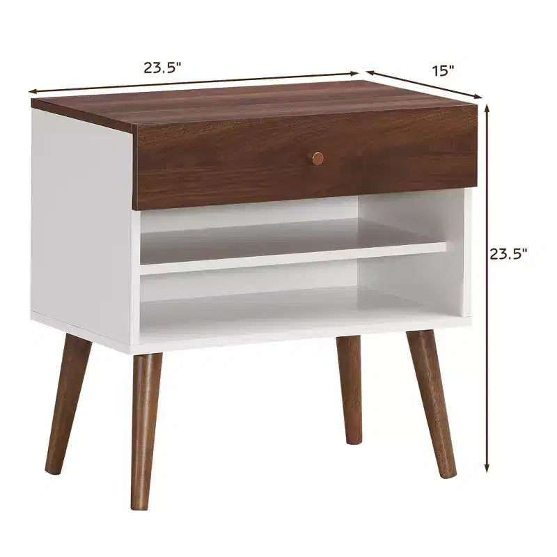 Juego de 2 mesitas de noche de estilo Mid-Century, mesas auxiliares con cajón y estantes abiertos, patas de madera de caucho