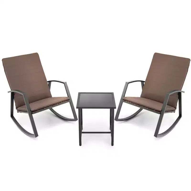 Costway 3PCS Patio Rattan Rocking Chair Table Furniture Set Yard Cushion