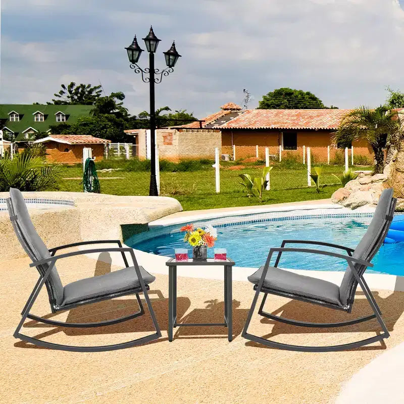 Costway 3PCS Patio Rattan Rocking Chair Table Furniture Set Yard Cushion