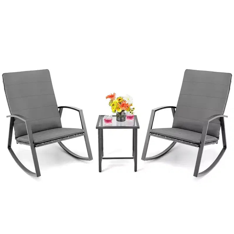 Costway 3PCS Patio Rattan Rocking Chair Table Furniture Set Yard Cushion