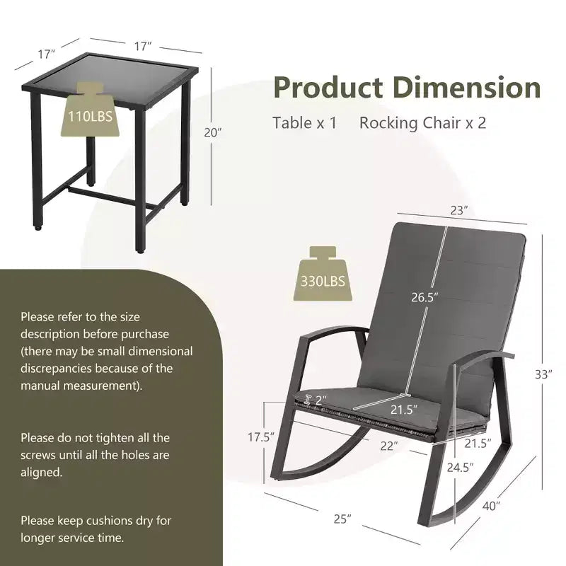 Costway 3PCS Patio Rattan Rocking Chair Table Furniture Set Yard Cushion
