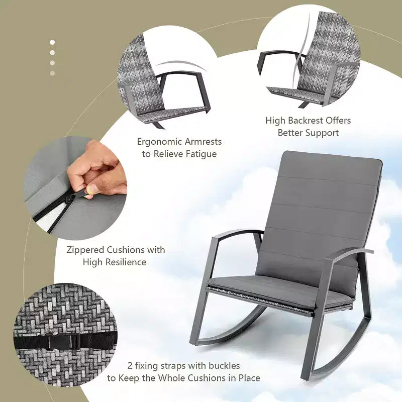 Costway 3PCS Patio Rattan Rocking Chair Table Furniture Set Yard Cushion
