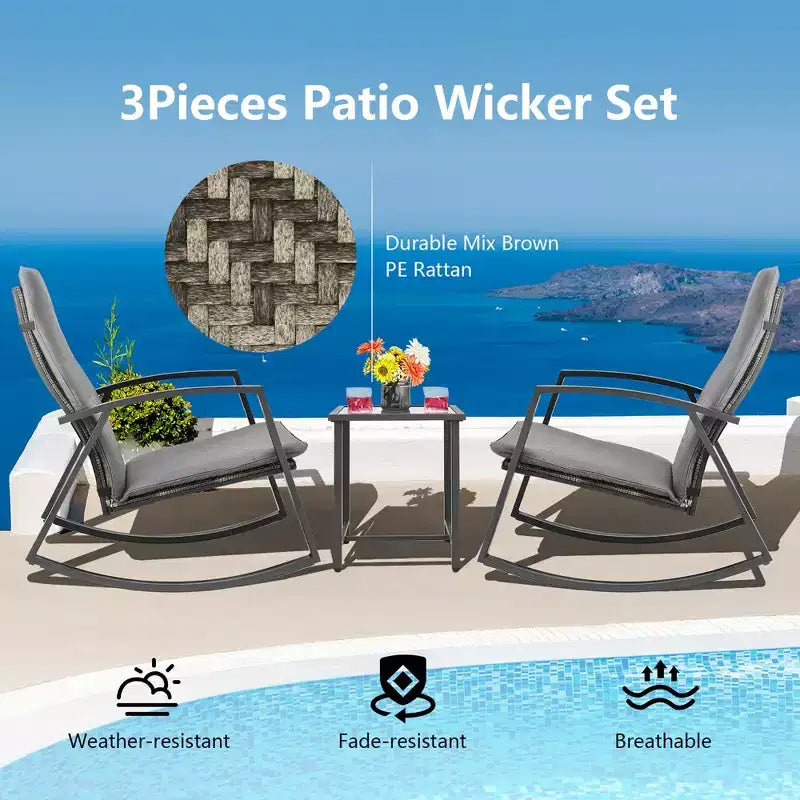 Costway 3PCS Patio Rattan Rocking Chair Table Furniture Set Yard Cushion