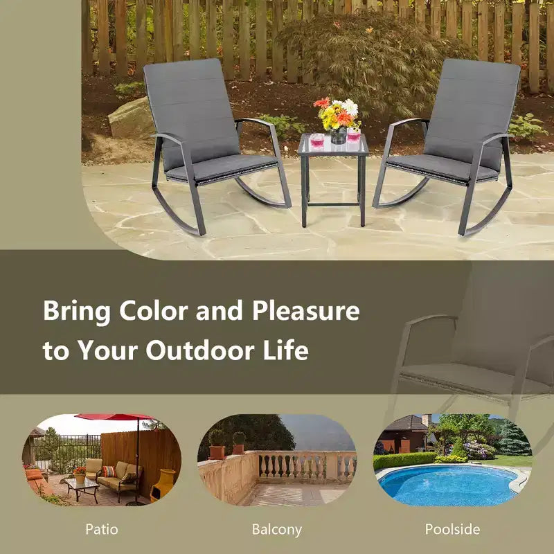 Costway 3PCS Patio Rattan Rocking Chair Table Furniture Set Yard Cushion