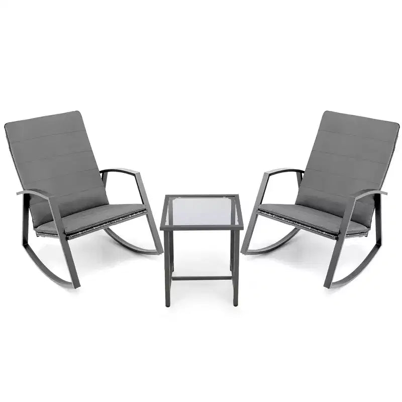 Costway 3PCS Patio Rattan Rocking Chair Table Furniture Set Yard Cushion