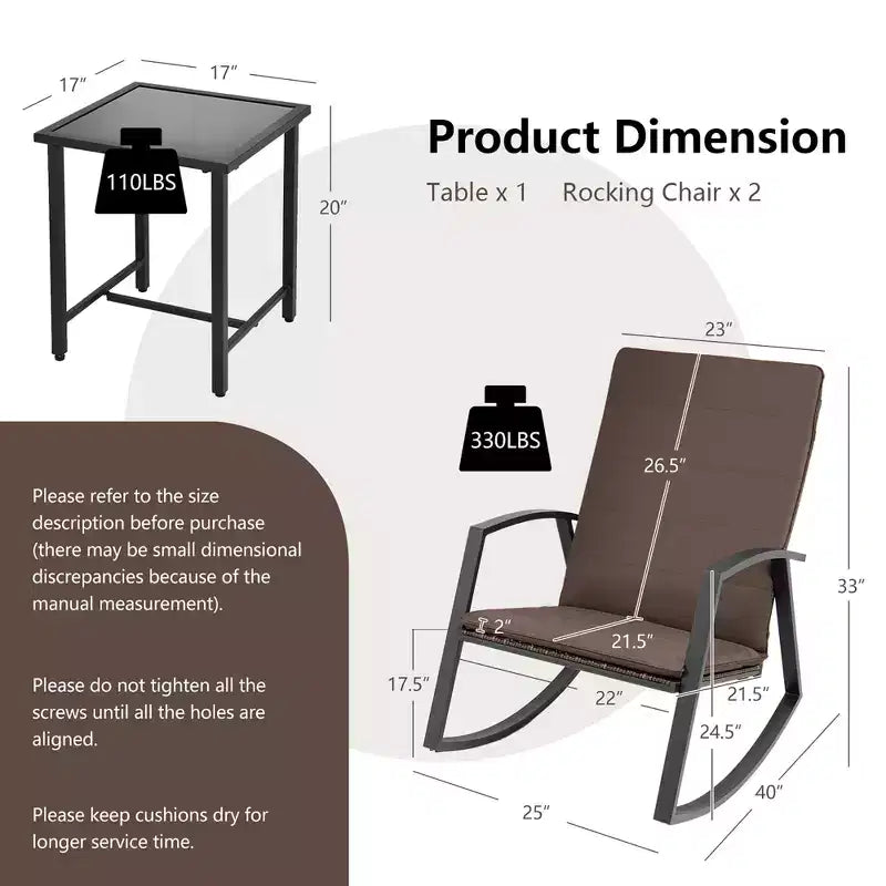 Costway 3PCS Patio Rattan Rocking Chair Table Furniture Set Yard Cushion