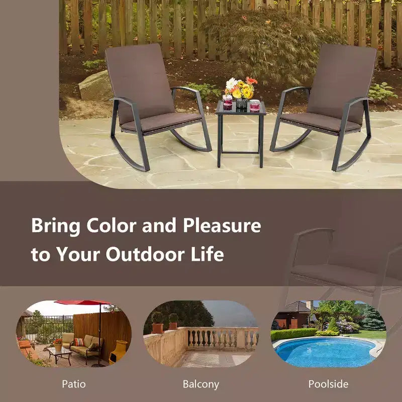 Costway 3PCS Patio Rattan Rocking Chair Table Furniture Set Yard Cushion