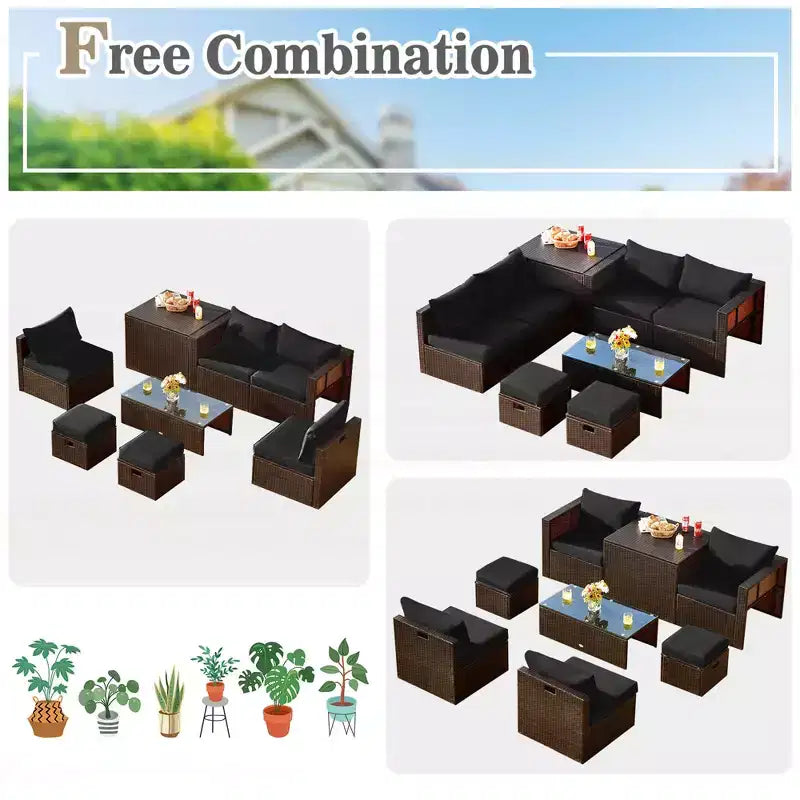 Costway Juego de Muebles de Ratán para Patio de 8 Piezas con Cojines, Almacenamiento que Ahorra Espacio, Cubierta Negra/Turquesa/Azul Marino