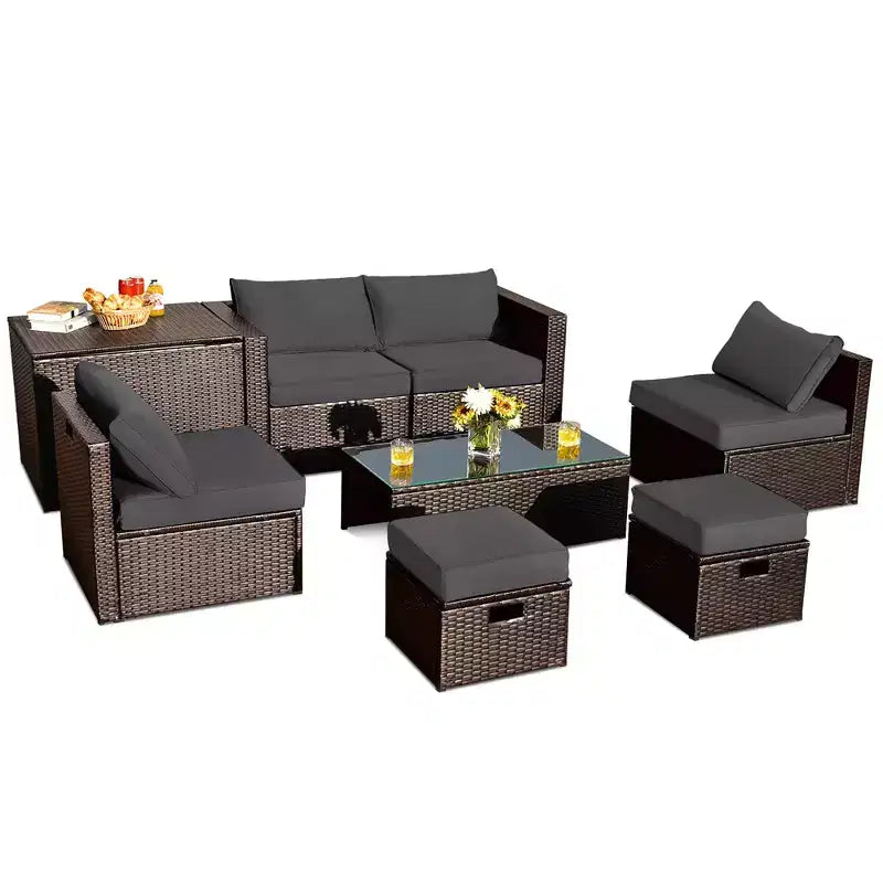 Costway Juego de Muebles de Ratán para Patio de 8 Piezas con Cojines, Almacenamiento que Ahorra Espacio, Cubierta Negra/Turquesa/Azul Marino