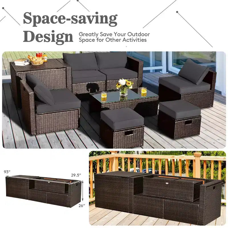 Costway Juego de Muebles de Ratán para Patio de 8 Piezas con Cojines, Almacenamiento que Ahorra Espacio, Cubierta Negra/Turquesa/Azul Marino