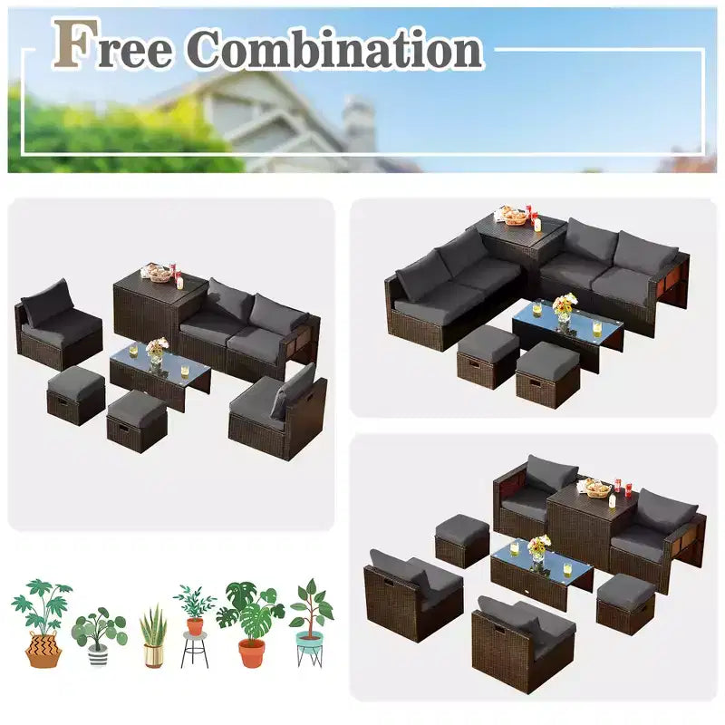Costway Juego de Muebles de Ratán para Patio de 8 Piezas con Cojines, Almacenamiento que Ahorra Espacio, Cubierta Negra/Turquesa/Azul Marino