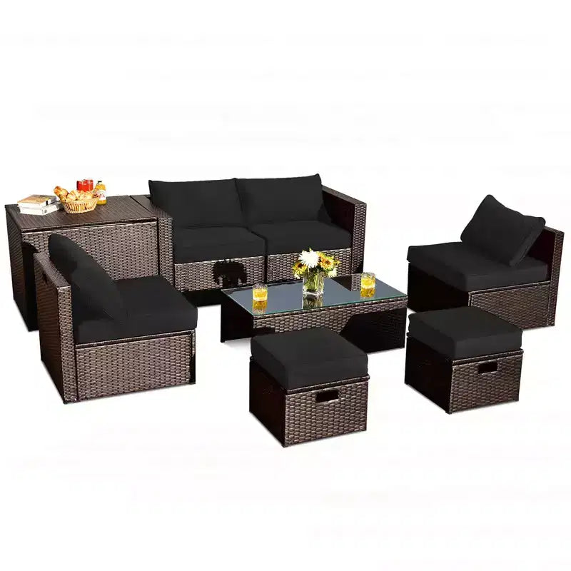 Costway Juego de Muebles de Ratán para Patio de 8 Piezas con Cojines, Almacenamiento que Ahorra Espacio, Cubierta Negra/Turquesa/Azul Marino