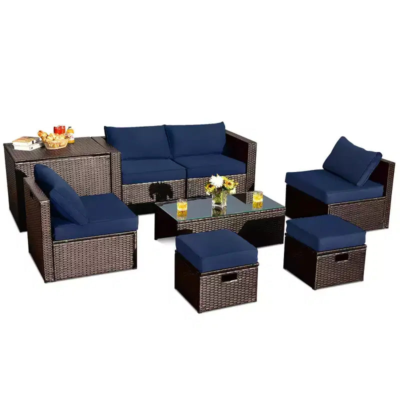 Costway Juego de Muebles de Ratán para Patio de 8 Piezas con Cojines, Almacenamiento que Ahorra Espacio, Cubierta Negra/Turquesa/Azul Marino