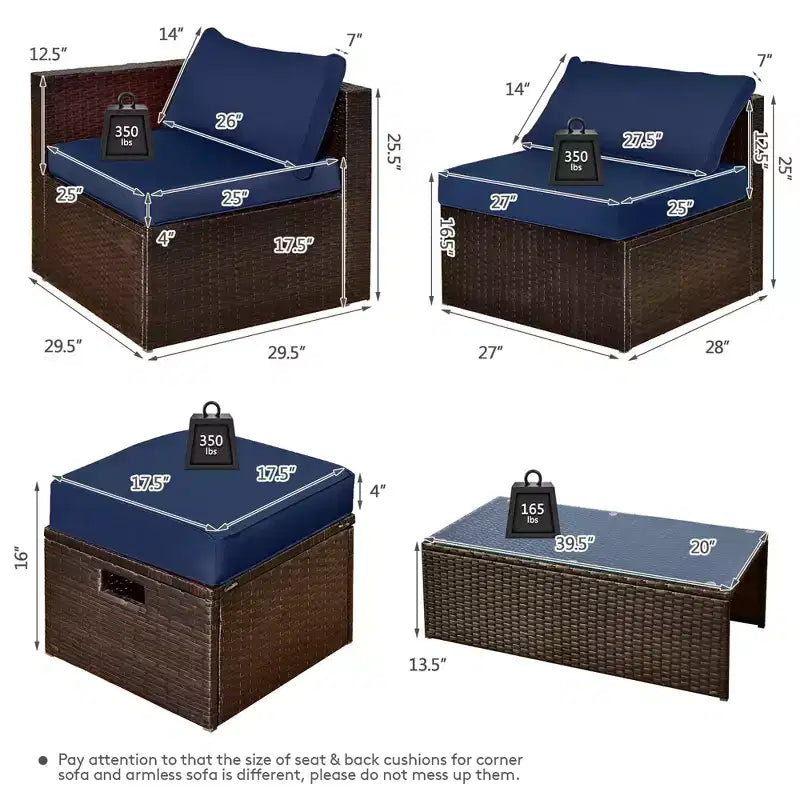 Costway Juego de Muebles de Ratán para Patio de 8 Piezas con Cojines, Almacenamiento que Ahorra Espacio, Cubierta Negra/Turquesa/Azul Marino