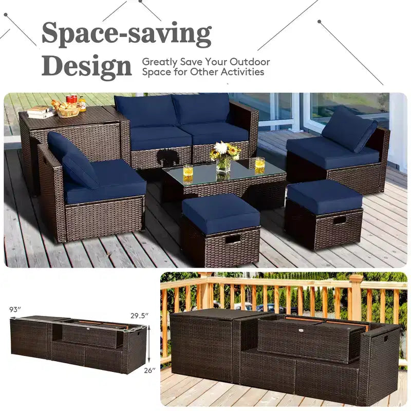 Costway Juego de Muebles de Ratán para Patio de 8 Piezas con Cojines, Almacenamiento que Ahorra Espacio, Cubierta Negra/Turquesa/Azul Marino