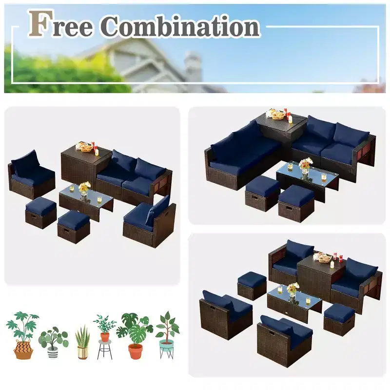 Costway Juego de Muebles de Ratán para Patio de 8 Piezas con Cojines, Almacenamiento que Ahorra Espacio, Cubierta Negra/Turquesa/Azul Marino